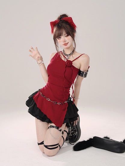 Asymmetrical Shoulder Sleeveless Top with Rose Accent Red