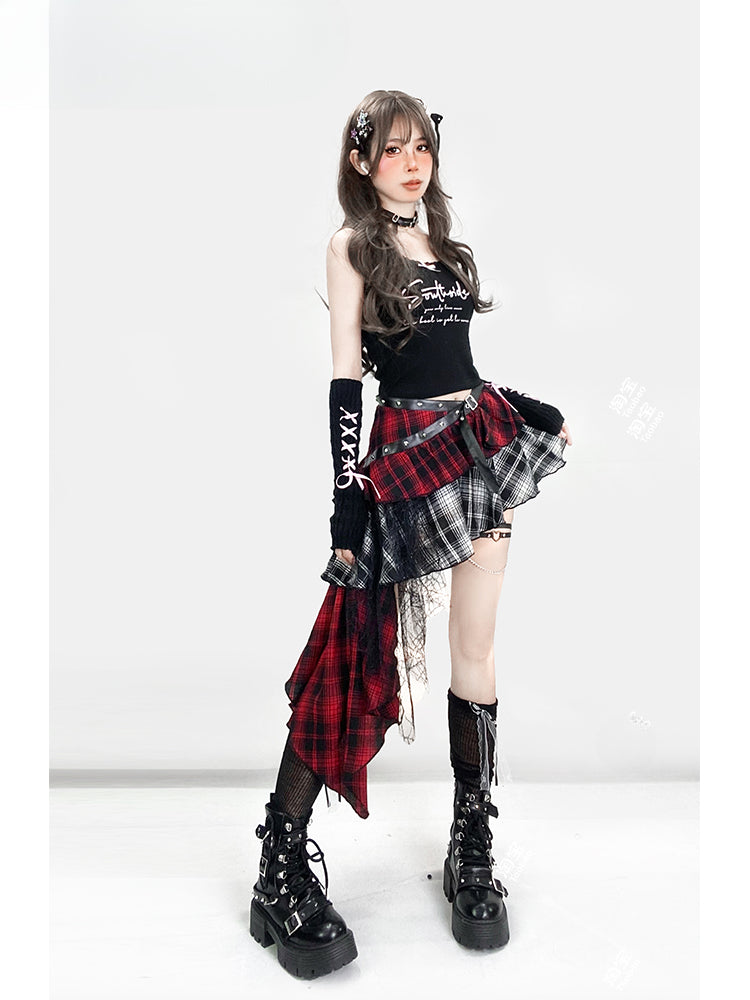Y2K Red Plaid Asymmetrical Hem Tiered Punk Glamorous Skirt