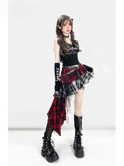 Y2K Red Plaid Asymmetrical Hem Tiered Punk Glamorous Skirt
