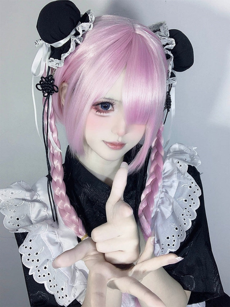 フルクリップ 30CM ウィッグ ピンク + ショートポニーテール 55CM 前髪 クローストレート ダブルブレイド