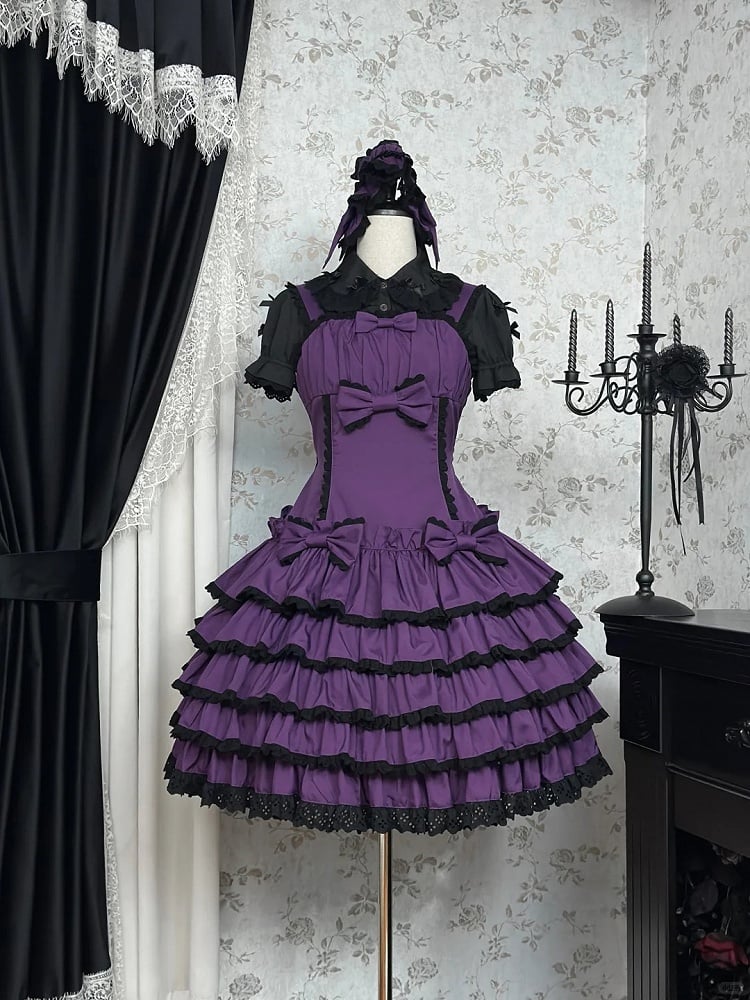 Lolita Gothic and Purple Lace Accents with Trim Dress Ruffles Black Bow Tiered