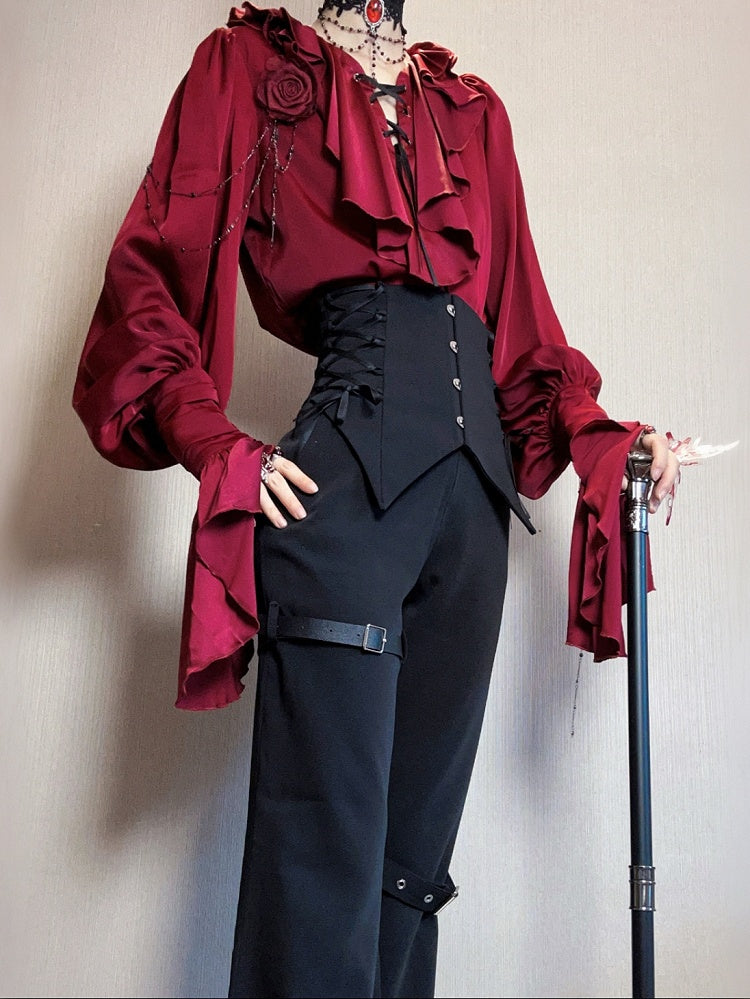 Crimson Poet Shirt with Floral Pins and Chain Accents - Shi Zhi Mao
