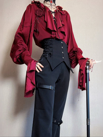 Crimson Poet Shirt with Floral Pins and Chain Accents - Shi Zhi Mao