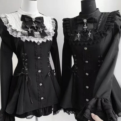 Black and white and all black gothic Lolita lace dress sets with bow accents