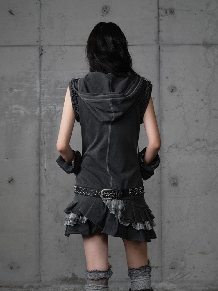 Wasteland Detachable Y2K with Dark Gray Hoodie Skirt Plaid Layered Sleeves Punk Dress