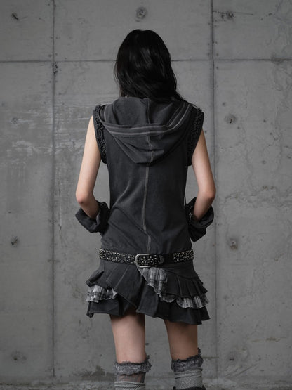 Wasteland Detachable Y2K with Dark Gray Hoodie Skirt Plaid Layered Sleeves Punk Dress