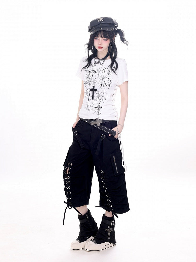 White Tee with Side Drawstring and Dark Print - KNOW8 Online Shop