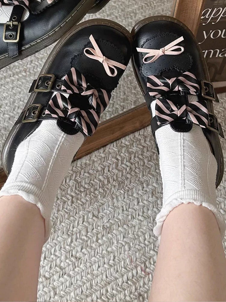 Bear Black Flats Bowknot Design Lolita Pattern Details Striped