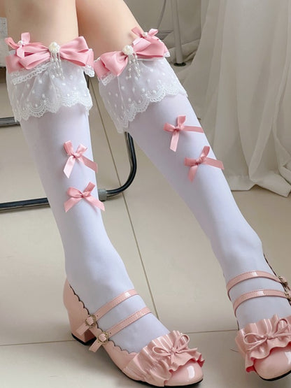 And White Black/White With Underknee Bowknot Details Lace Pink Stockings Cuff