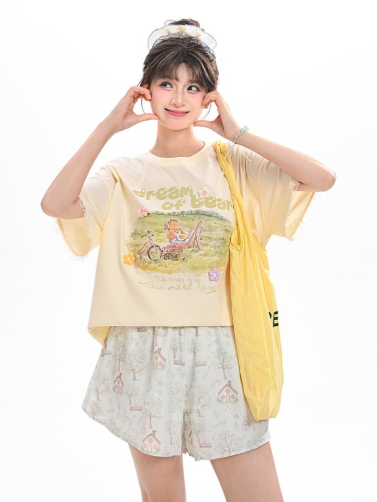 愛らしいウサギ柄のグリーンのドローストリングウエストワイドレッグショーツ