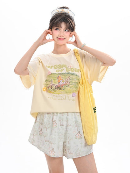 愛らしいウサギ柄のグリーンのドローストリングウエストワイドレッグショーツ