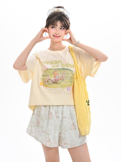 Shorts mit weitem Bein und Kordelzug in der Taille, entzückender Häschen-Print, Grün