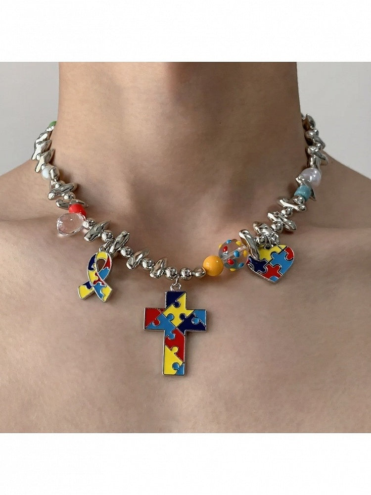 Silver Y2K Cross Pendant Colorful Necklace - YSHXS