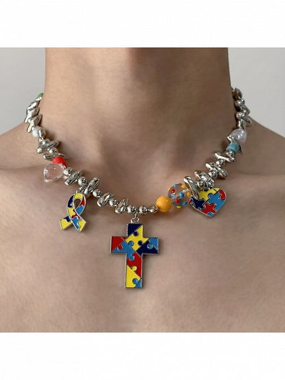 Silver Y2K Cross Pendant Colorful Necklace - YSHXS