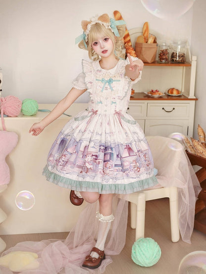 かわいい子猫と緑のリボンのスイートロリータドレス、ひらひらショルダーストラップのジャンパースカート