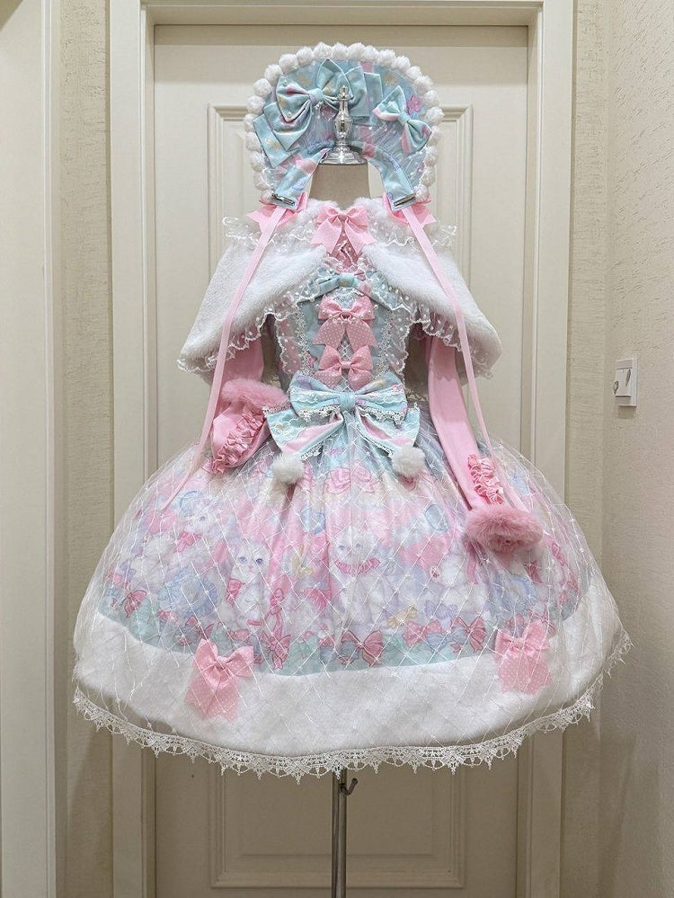 Sweet Trim with Cat Hem Lolita and Print Accents Green Bow Pink Fur Dress Light