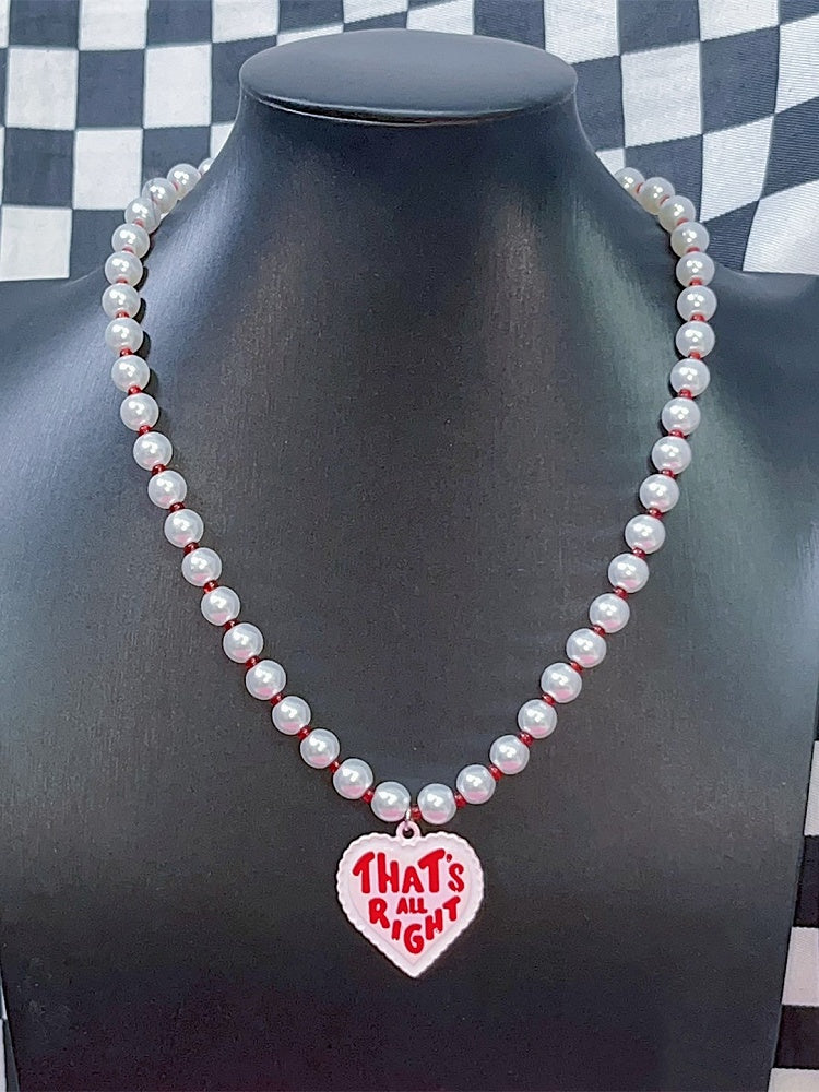 Pendant Letter Y2K Print Heart Beaded Pearl Necklace Red With