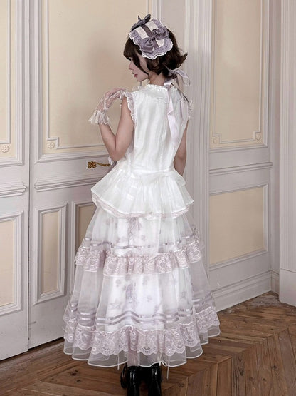 Summer Lolita Top & Skirt Set with Floral Embroidery and Lace - Yimu Walnut