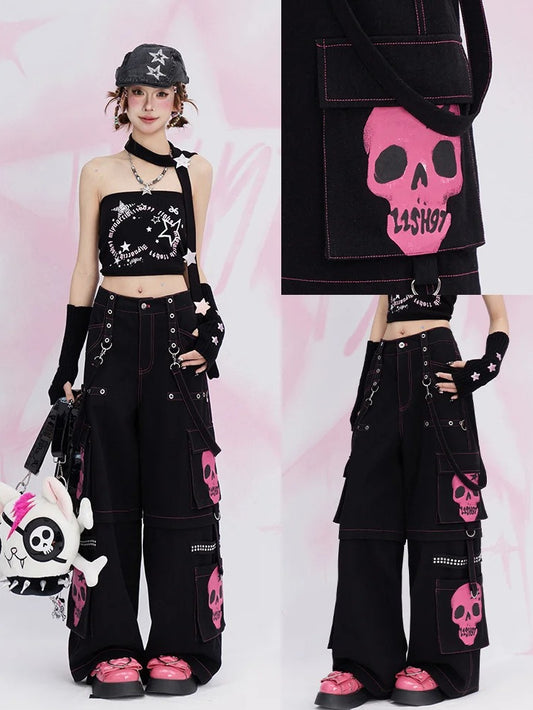 Y2K Schwarze Jeans mit weitem Bein und Cargotaschen im Skelett-Design