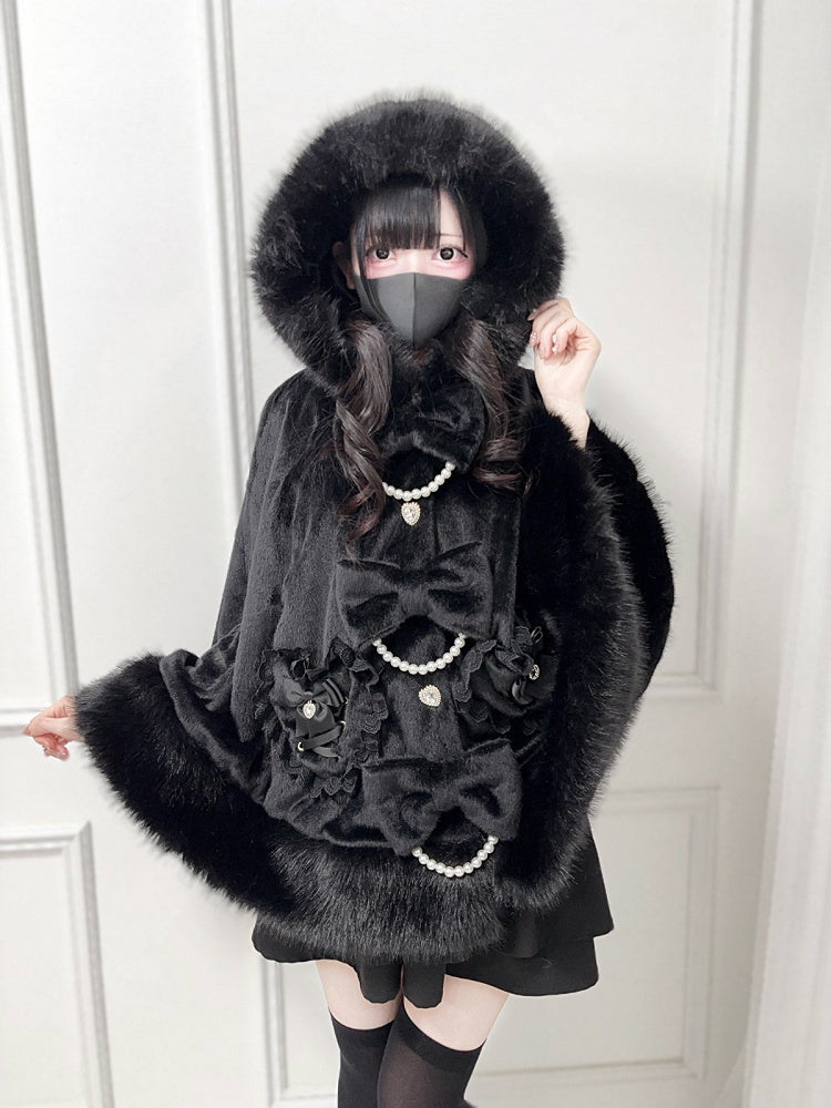 Bow Hooded Kei Bead Black with Cape Chain Jirai Furry Decor
