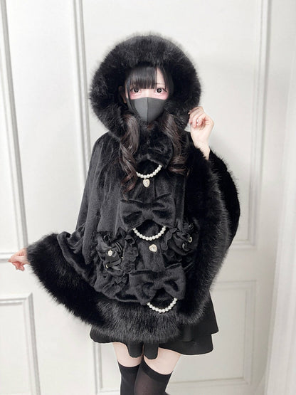 Bow Hooded Kei Bead Black with Cape Chain Jirai Furry Decor