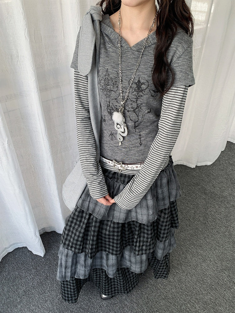 Top Print Y2K Cat Gray Bunny Patchwork Hooded Striped with Two-piece