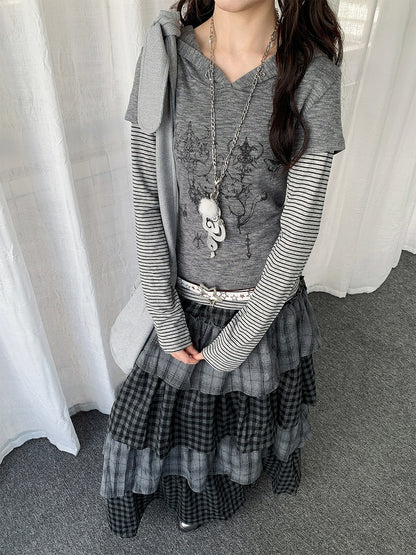 Top Print Y2K Cat Gray Bunny Patchwork Hooded Striped with Two-piece