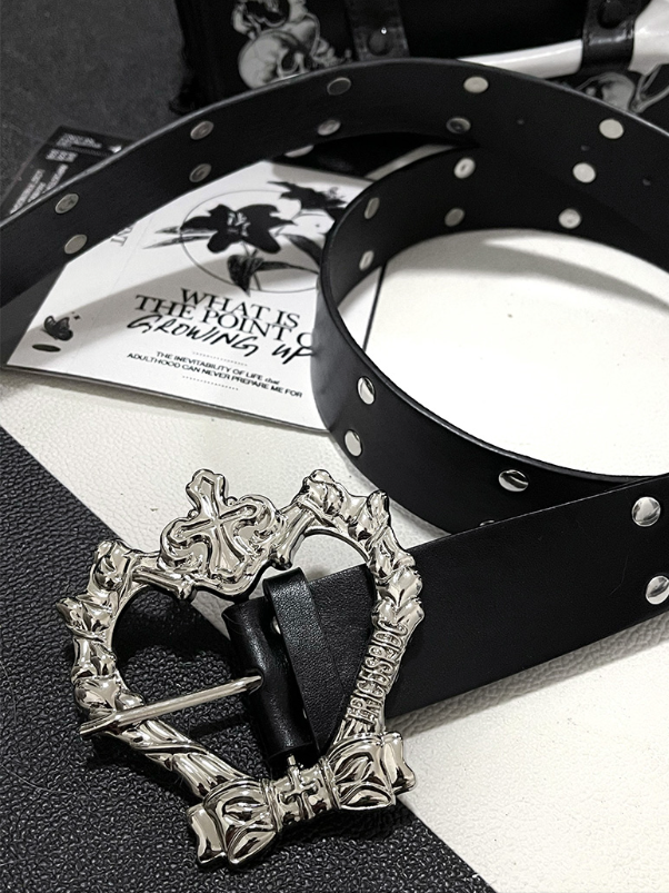 Studded Details Bucklewith Punk PUBelt-Silver Heart Black CrossBow