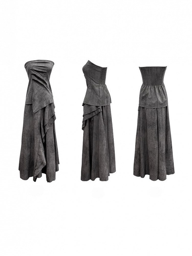 Gray Splatter Punk Matching Layered with Asymmetric Wasteland Neck Ruching Strap Bustier