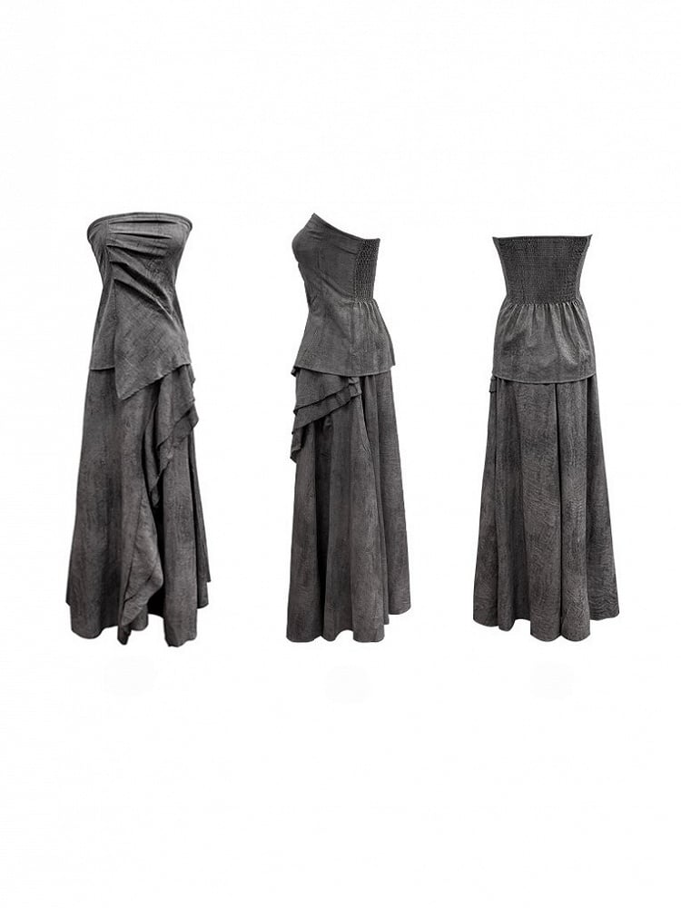 Gray Wasteland Punk Splatter with Ankle-Length Asymmetric Skirt Pattern Ruffle