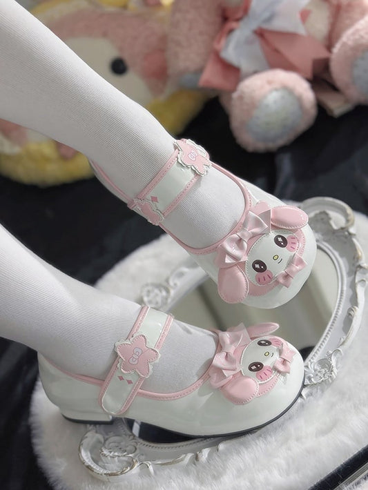 Lolita Bow Decor Toe Round - Flower Mary Accents Janes Sweet with Bunny Velcro Pink Theme