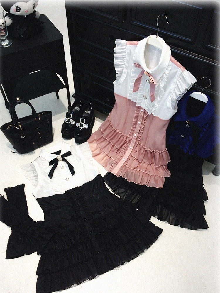 Skirt Tiered Dress: Two-Piece Sleeves White and Black Ruffle Flutter Faux Placket Jirai Kei with