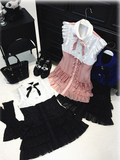 Skirt Tiered Dress: Two-Piece Sleeves White and Black Ruffle Flutter Faux Placket Jirai Kei with