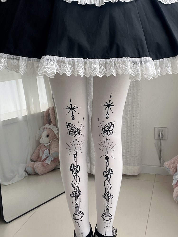 Strumpfhose Schmetterling und Kandelaber Print Gothic Lolita Weiß