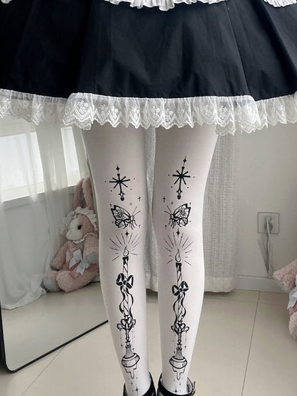 Strumpfhose Schmetterling und Kandelaber Print Gothic Lolita Weiß