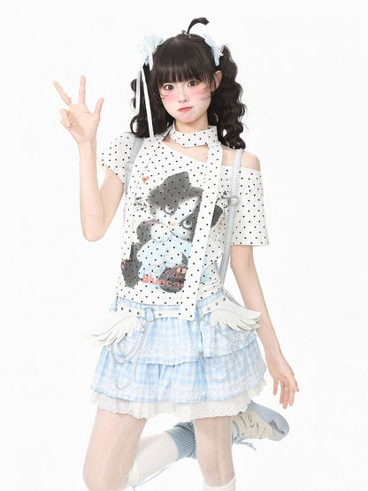 Polka Dot Kitten Print Tee with Scarf - Languid Park