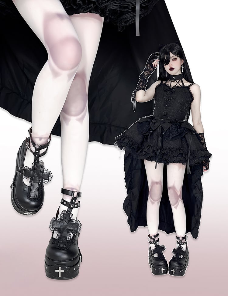 Matte Black Gothic Lolita Lace Trim Cross Platform Shoes