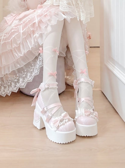 Buckle Ruffles Back Bow Trim Sophisticated Pink with Shoes - Sakura Design Lolita Sparkling Detachable