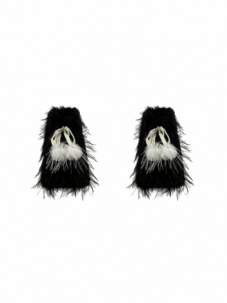 Black/White/Purple Y2K Shaggy Bowknot Leg Warmers With Pompons