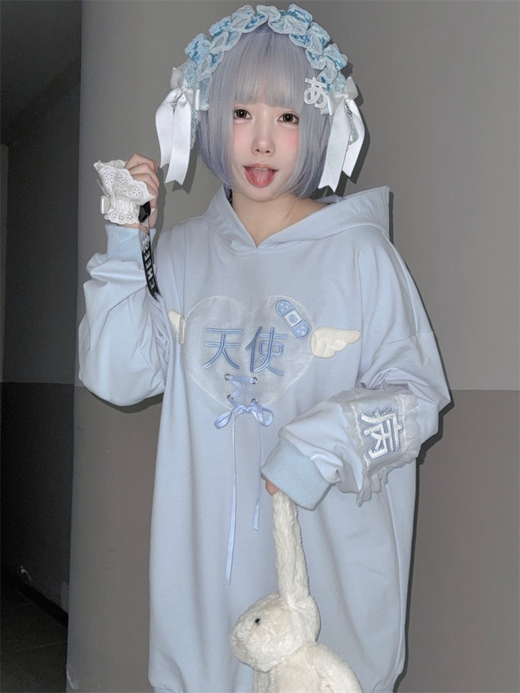Tenshi Kaiwai Hellblaue Charaktere Schnürdetail Yami Kawaii Hoodie
