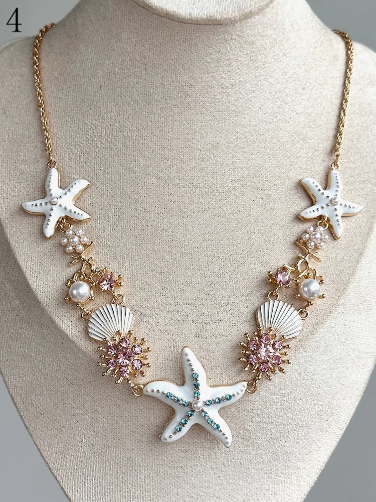 4 Shell Y2K Starfish Bracelet/Necklace Bittersweet Options Rhinestone Decorated And