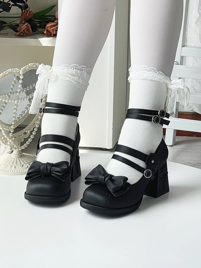 Heel Janes and Elegant Rose PU Block High Accent Bow Leather Matte Lolita Mary - Details with Black