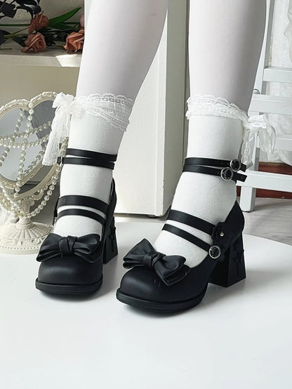 Heel Janes and Elegant Rose PU Block High Accent Bow Leather Matte Lolita Mary - Details with Black
