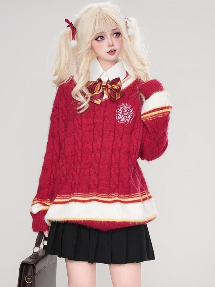 レッド/ブルー/ホワイト Vネック プレッピースタイル ルーズセーター