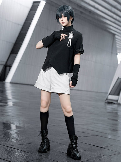 Futuristic Fashion Black High Short Ouji Top Sleeves Techwear Neck