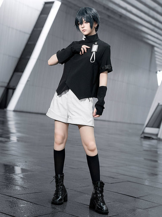 Futuristic Fashion Black High Short Ouji Top Sleeves Techwear Neck