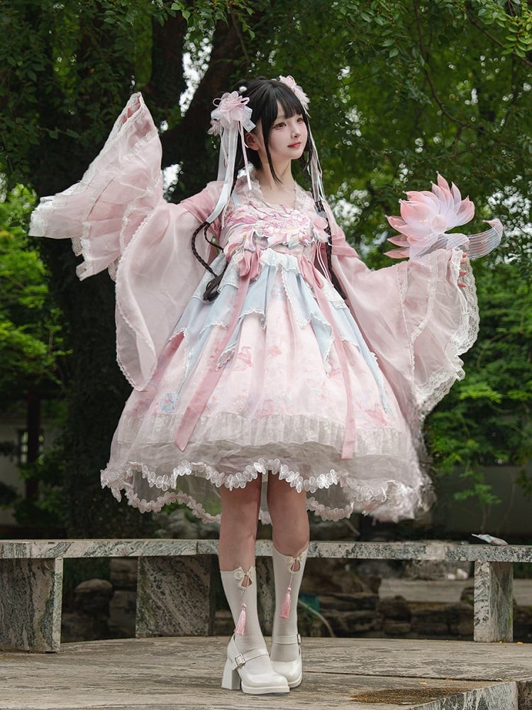 Lolita Overlay Floral Trim Edge Han with Scalloped Dress Golden JSK Blue Embroidery and Print Pink Fish