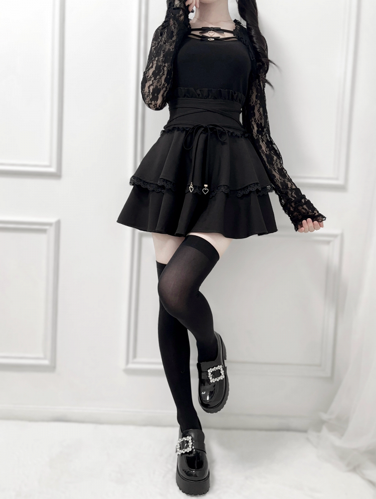 Ruffled High Tie and Black/Dusty Design Detail Pink/White in Corset Waist Skirt Double-Layer