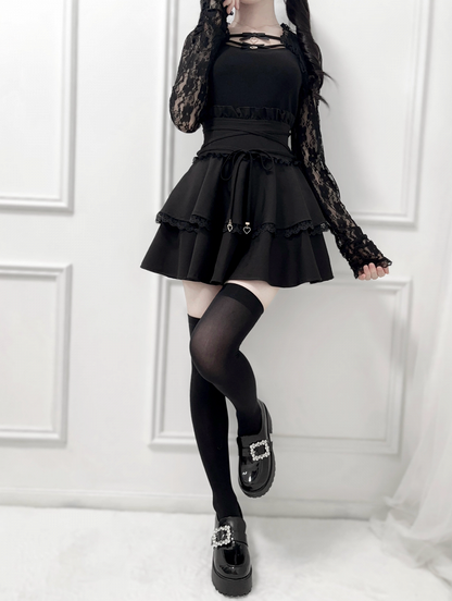 Ruffled High Tie and Black/Dusty Design Detail Pink/White in Corset Waist Skirt Double-Layer