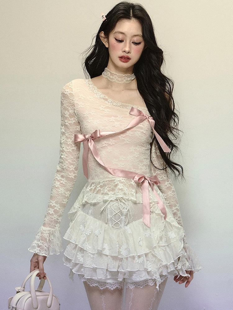 Apricot Ribbon Bow Detail Asymmetrical Neckline Lace Top